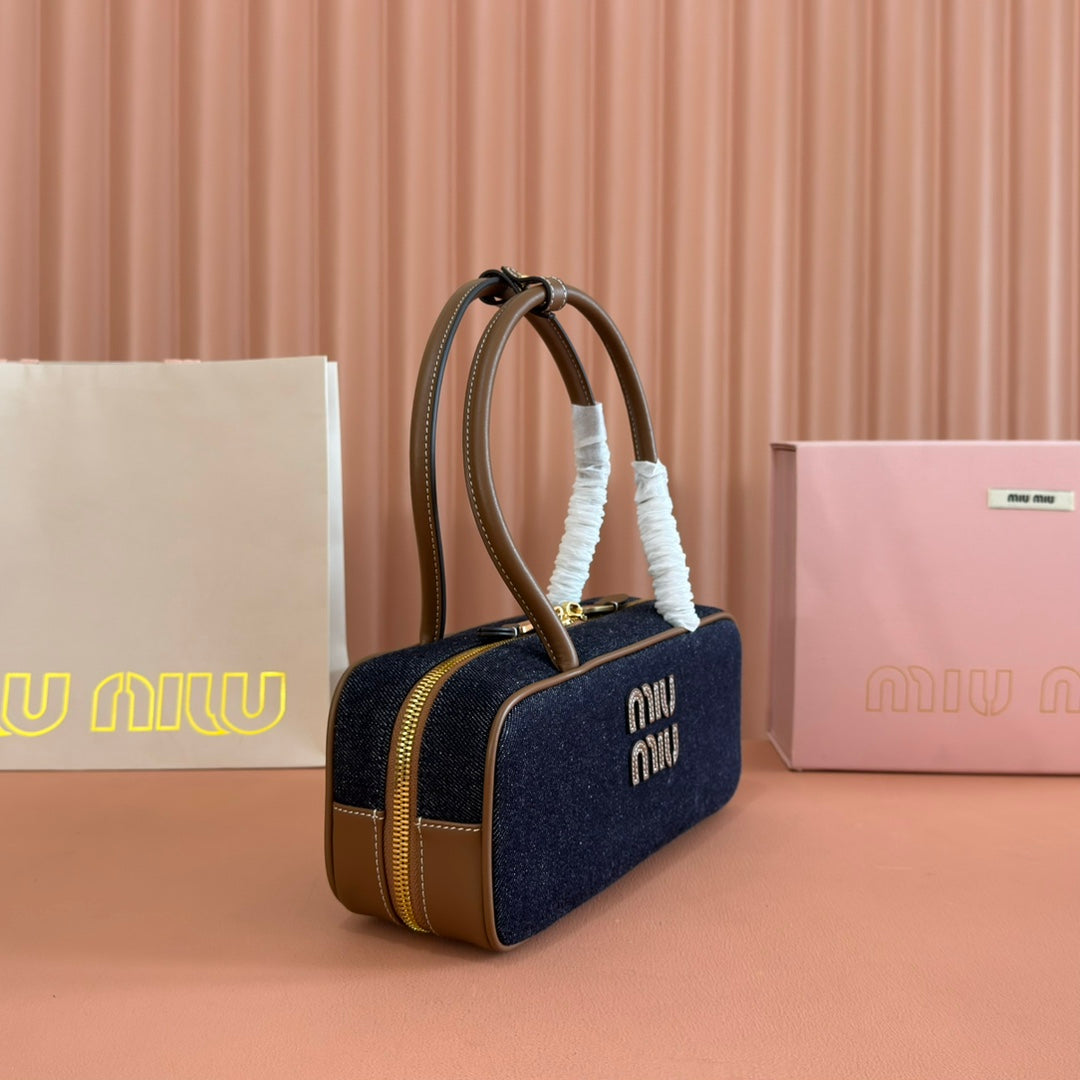 MIU MIU MIUMIU 25S BEAU DENIM BAG 28 IN DARK BLUE DENIM AND BROWN CALFSKIN