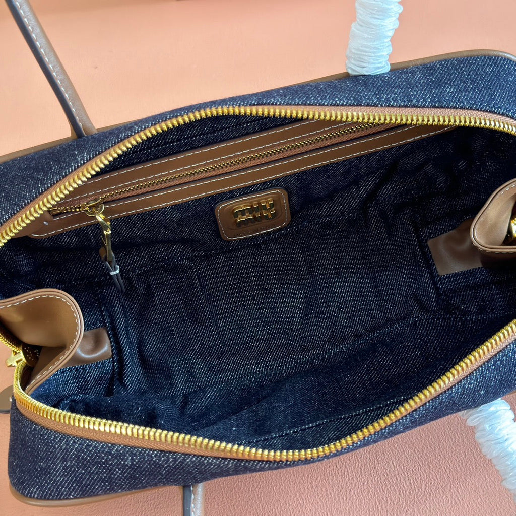 MIU MIU MIUMIU 25S BEAU DENIM BAG 28 IN DARK BLUE DENIM AND BROWN CALFSKIN