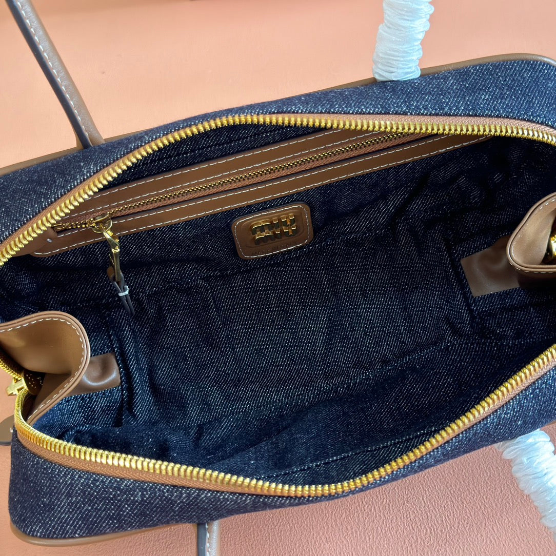 MIU MIU MIUMIU 25S BEAU DENIM BAG 28 IN DARK BLUE DENIM AND BROWN CALFSKIN