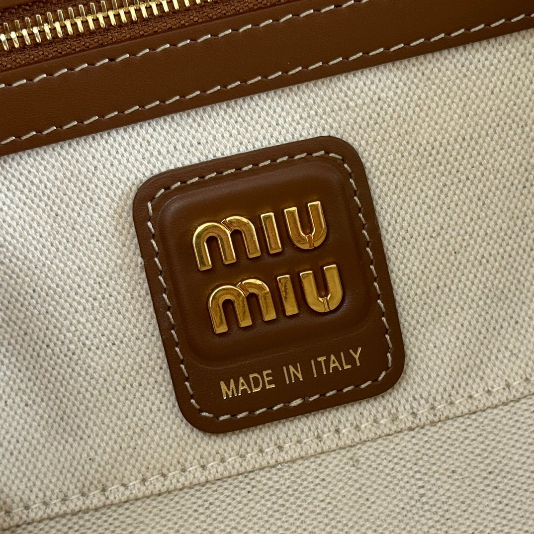 MIU MIU MIUMIU 25S BEAU CANVAS BAG 28 IN BEIGE CANVAS AND BROWN CALFSKIN