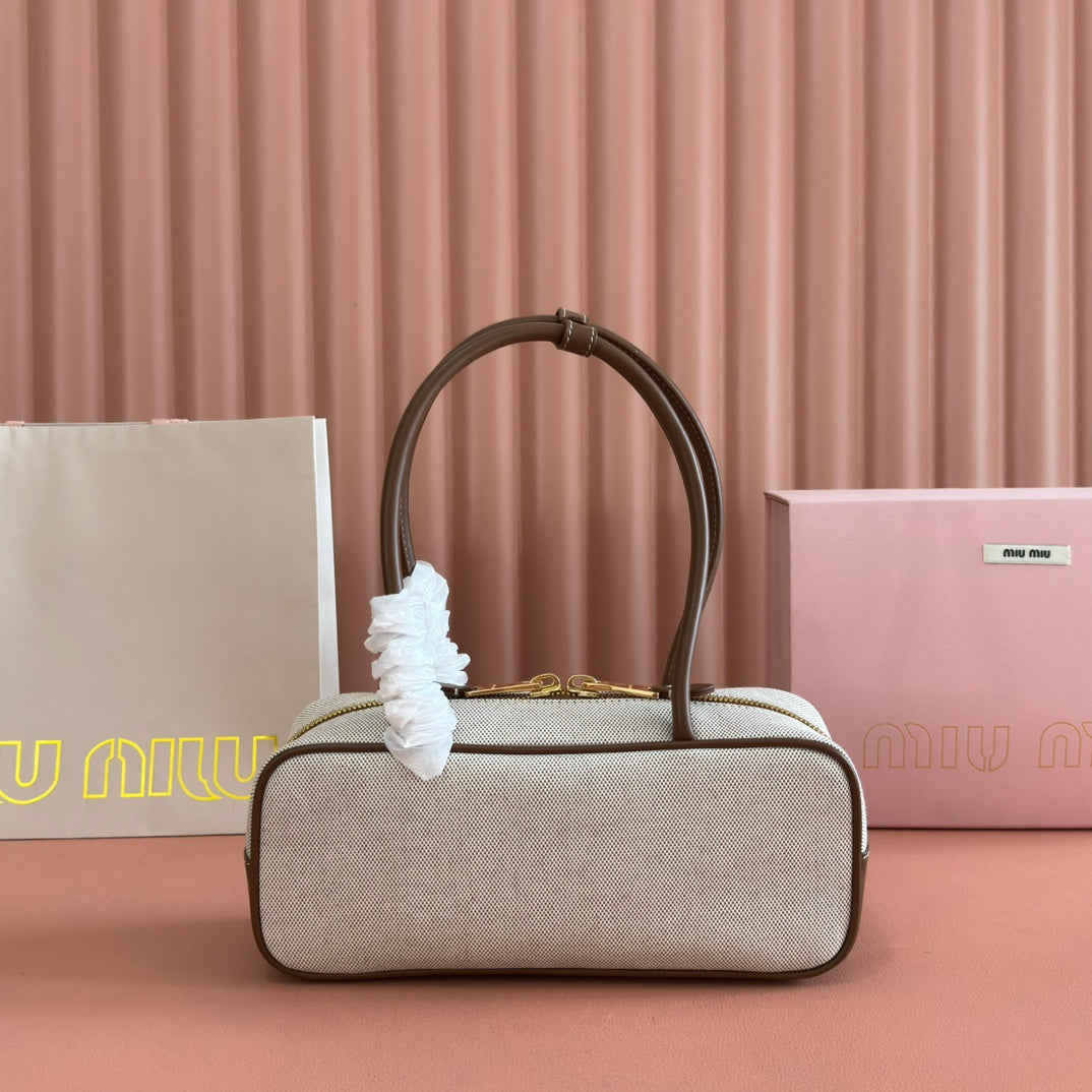 MIU MIU MIUMIU 25S BEAU CANVAS BAG 28 IN BEIGE CANVAS AND BROWN CALFSKIN