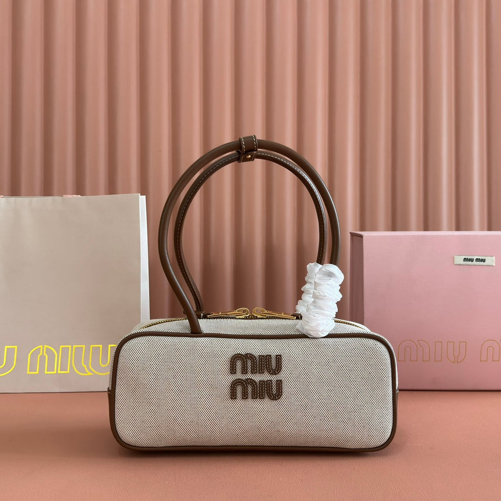 MIU MIU MIUMIU 25S BEAU CANVAS BAG 28 IN BEIGE CANVAS AND BROWN CALFSKIN