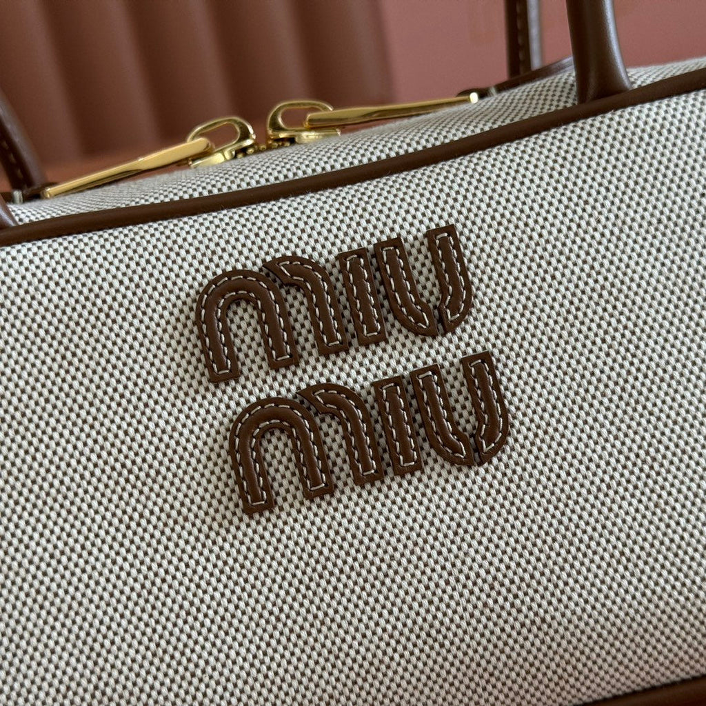 MIU MIU MIUMIU 25S BEAU CANVAS BAG 28 IN BEIGE CANVAS AND BROWN CALFSKIN