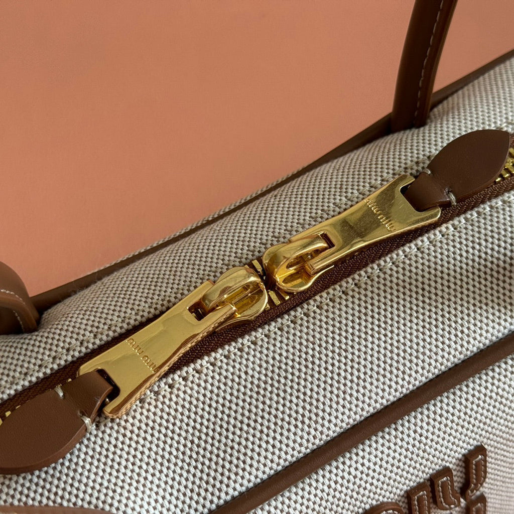 MIU MIU MIUMIU 25S BEAU CANVAS BAG 28 IN BEIGE CANVAS AND BROWN CALFSKIN