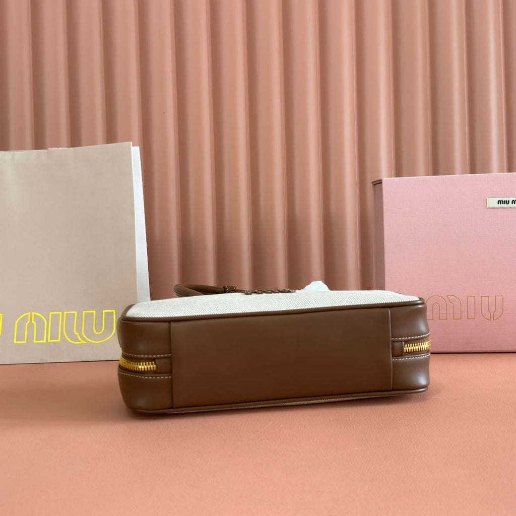 MIU MIU MIUMIU 25S BEAU CANVAS BAG 28 IN BEIGE CANVAS AND BROWN CALFSKIN