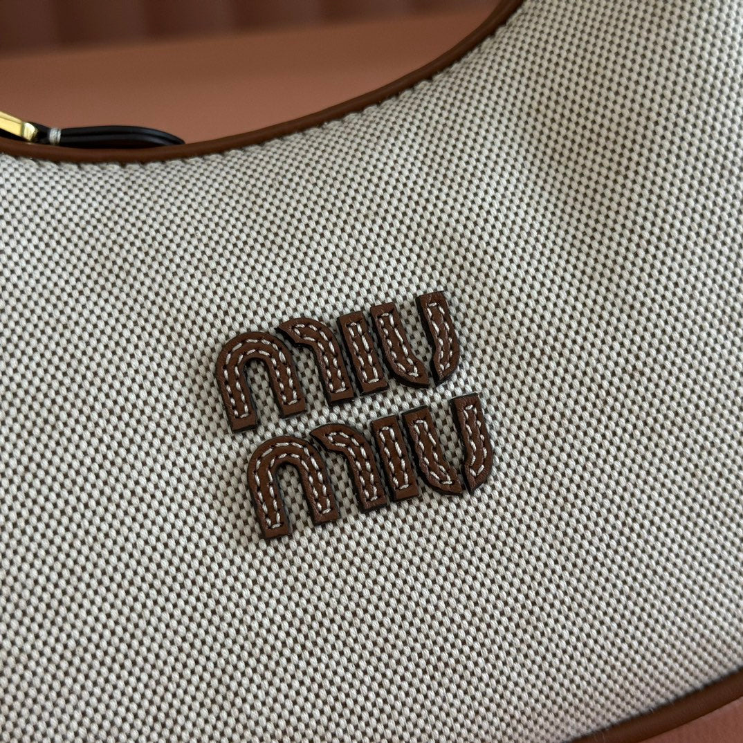 MIU MIU MIUMIU 25S WANDER BAG 20 IN BEIGE CANVAS AND BROWN CALFSKIN