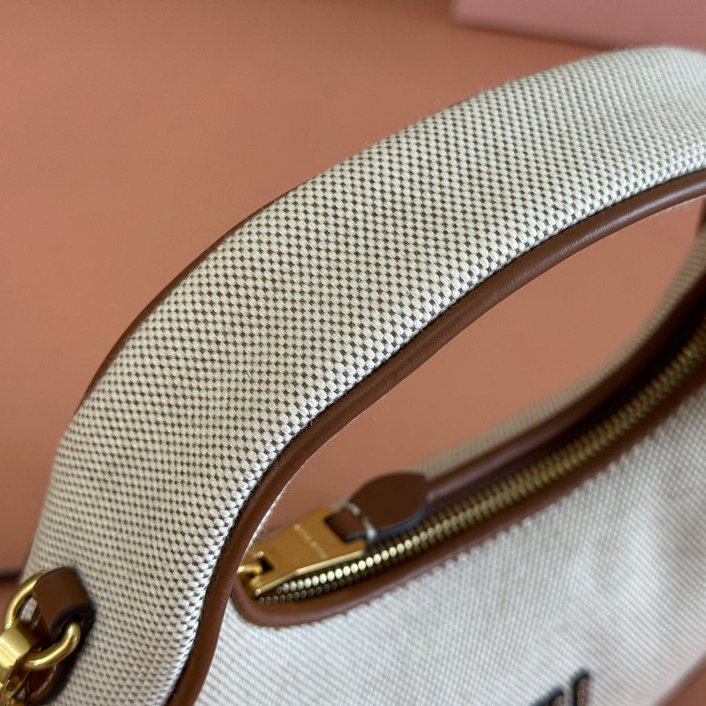 MIU MIU MIUMIU 25S WANDER BAG 20 IN BEIGE CANVAS AND BROWN CALFSKIN