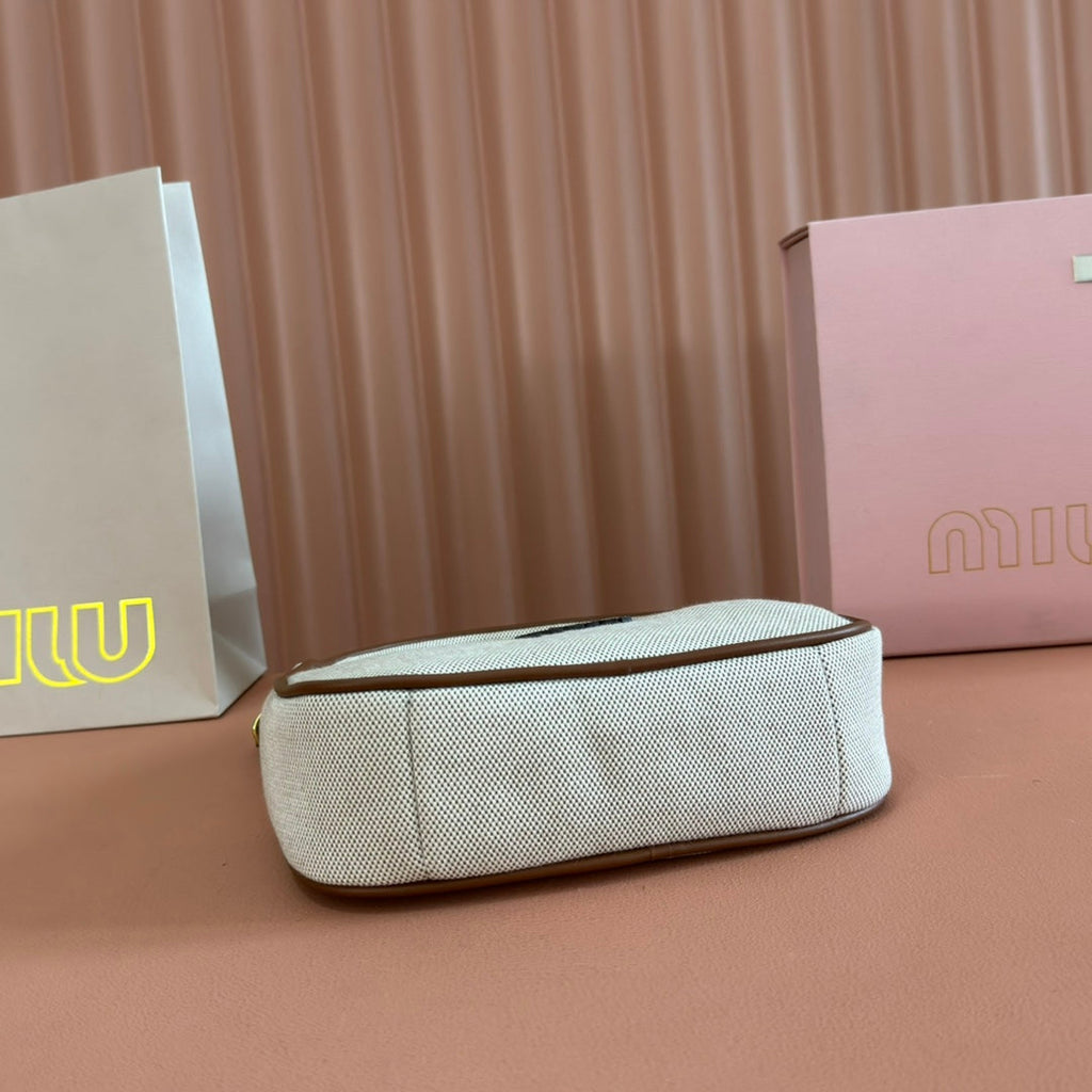 MIU MIU MIUMIU 25S WANDER BAG 20 IN BEIGE CANVAS AND BROWN CALFSKIN