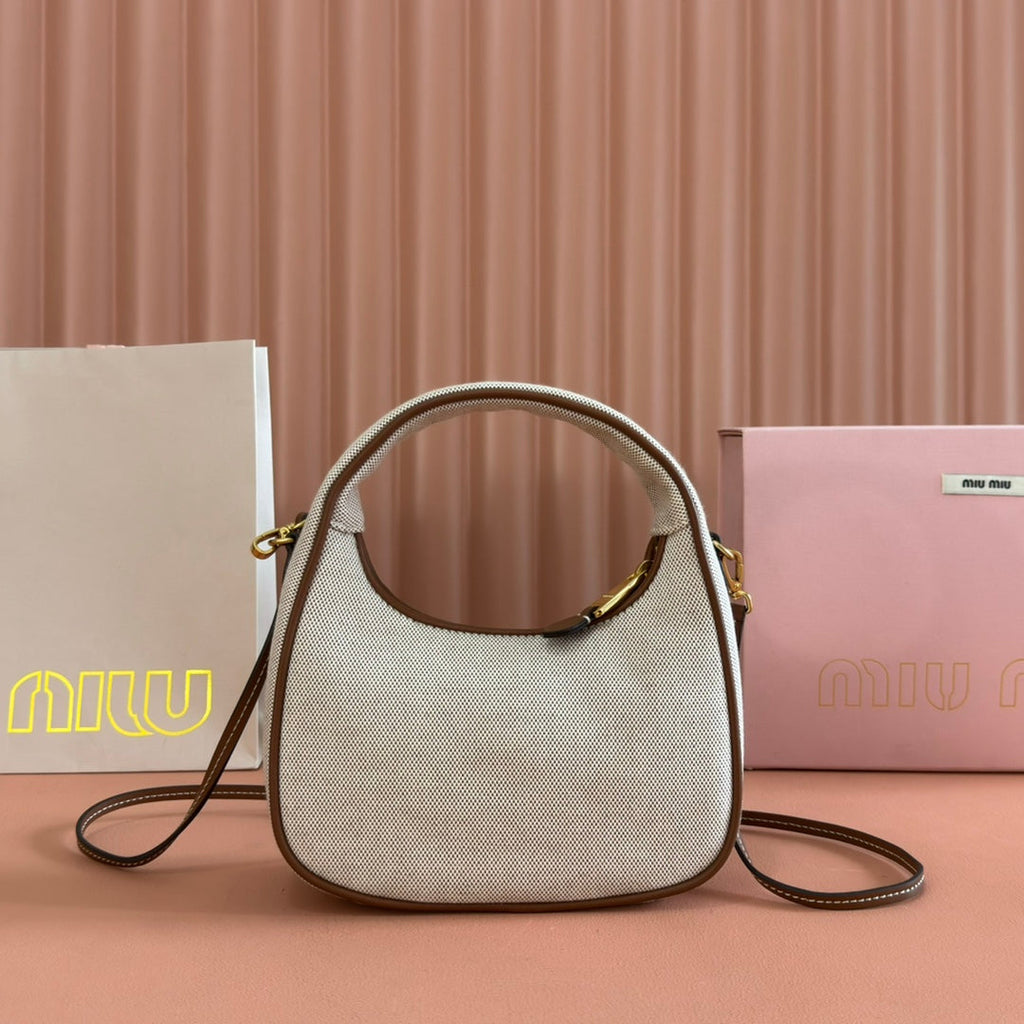 MIU MIU MIUMIU 25S WANDER BAG 20 IN BEIGE CANVAS AND BROWN CALFSKIN