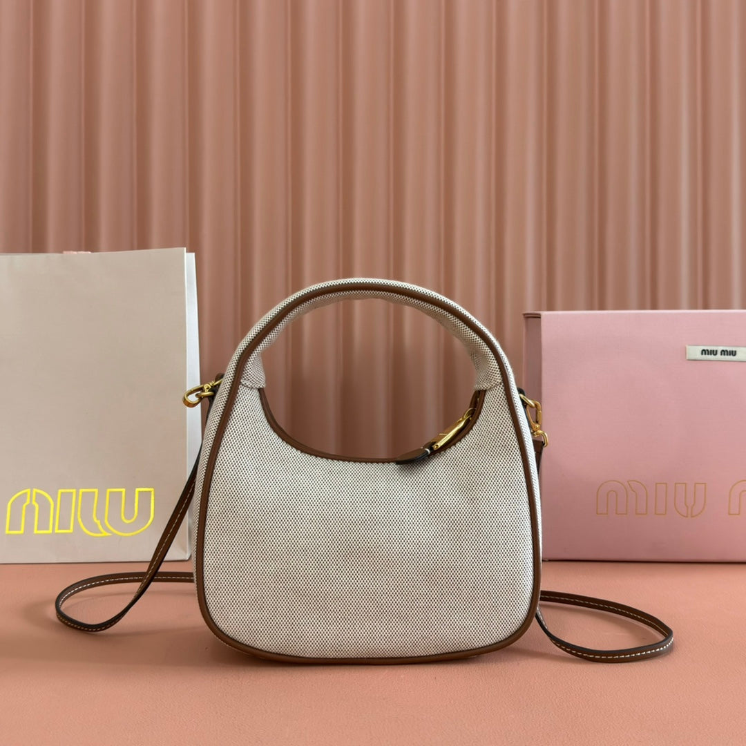 MIU MIU MIUMIU 25S WANDER BAG 20 IN BEIGE CANVAS AND BROWN CALFSKIN