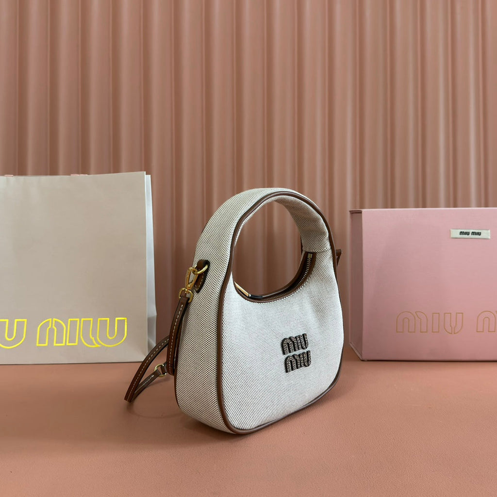 MIU MIU MIUMIU 25S WANDER BAG 20 IN BEIGE CANVAS AND BROWN CALFSKIN
