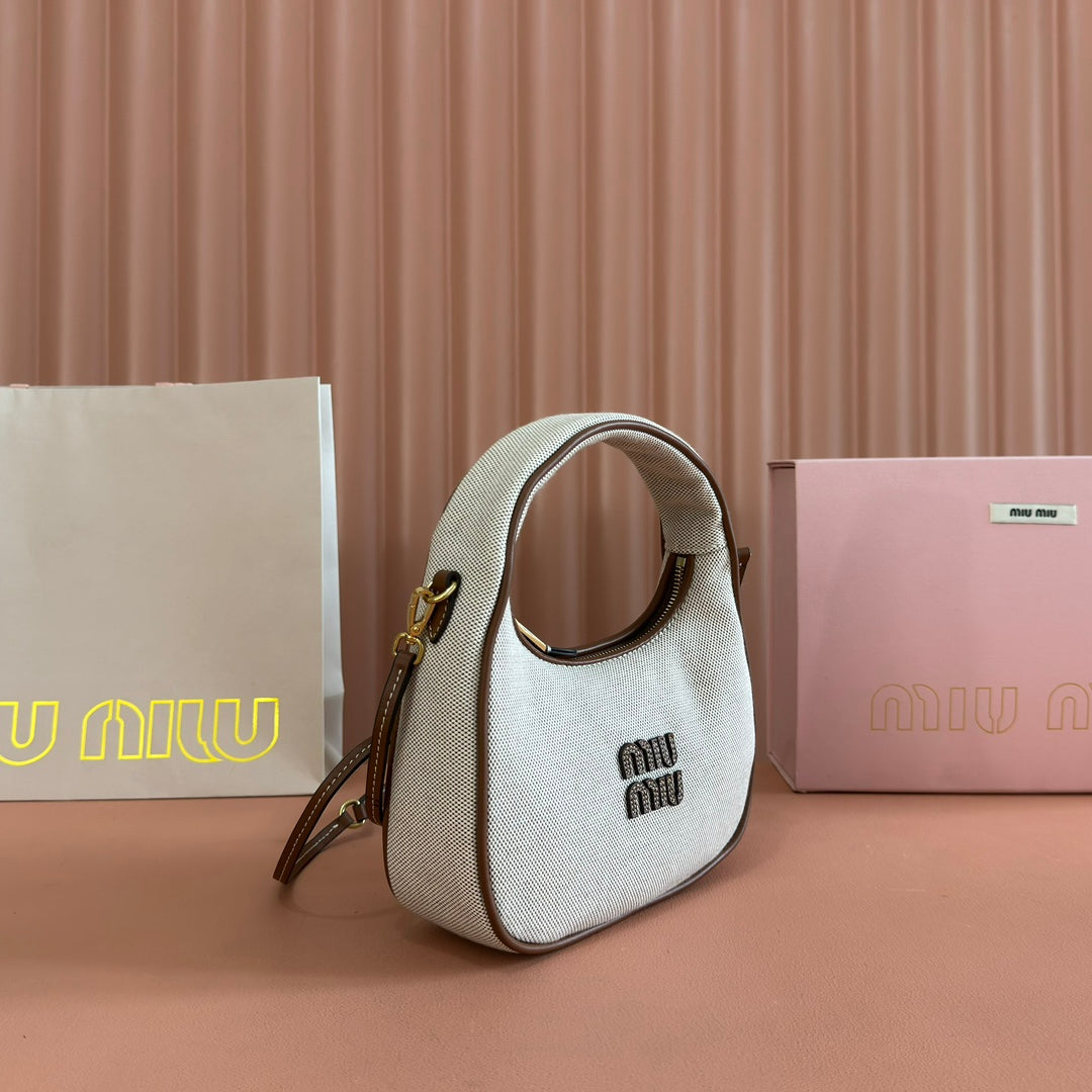 MIU MIU MIUMIU 25S WANDER BAG 20 IN BEIGE CANVAS AND BROWN CALFSKIN