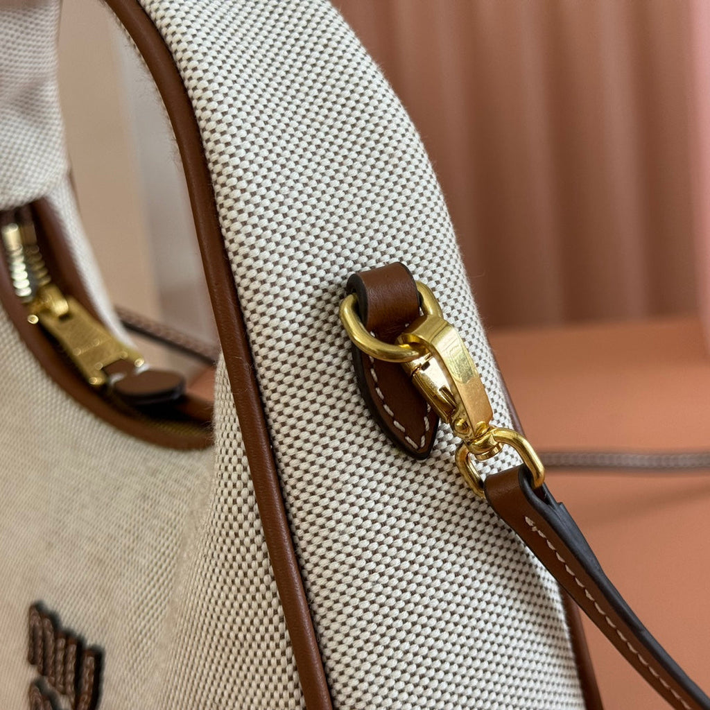 MIU MIU MIUMIU 25S WANDER BAG 20 IN BEIGE CANVAS AND BROWN CALFSKIN