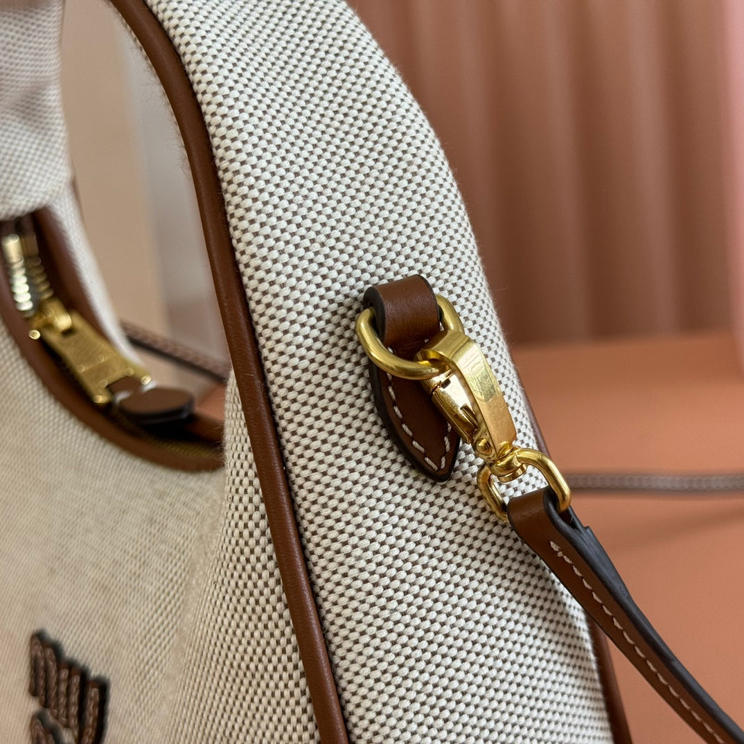 MIU MIU MIUMIU 25S WANDER BAG 20 IN BEIGE CANVAS AND BROWN CALFSKIN