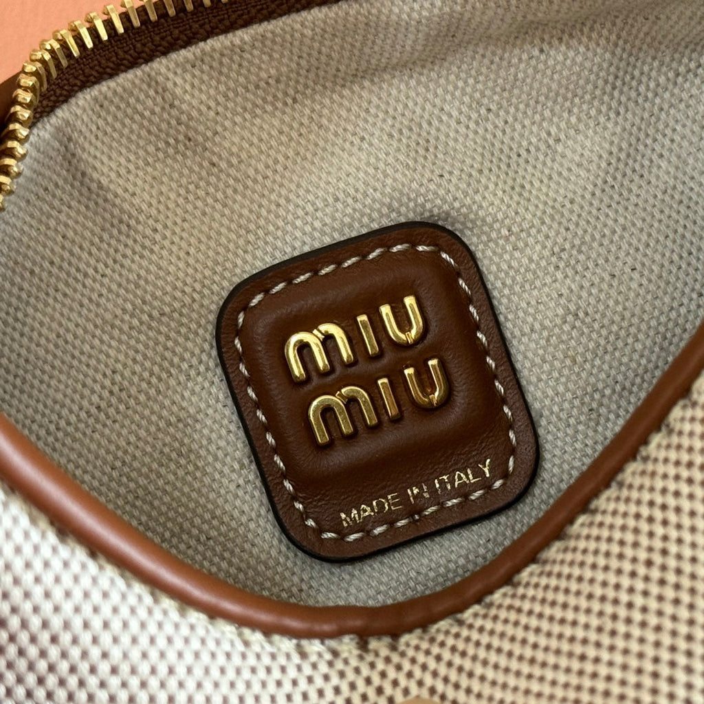 MIU MIU MIUMIU 25S WANDER BAG 20 IN BEIGE CANVAS AND BROWN CALFSKIN