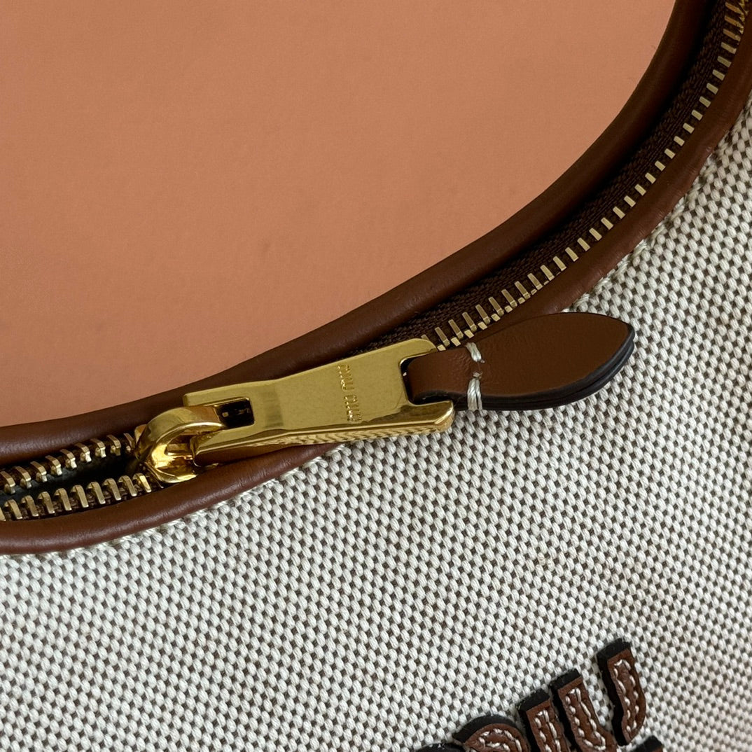 MIU MIU MIUMIU 25S WANDER BAG 20 IN BEIGE CANVAS AND BROWN CALFSKIN