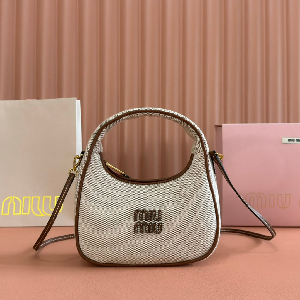 MIU MIU MIUMIU 25S WANDER BAG 20 IN BEIGE CANVAS AND BROWN CALFSKIN