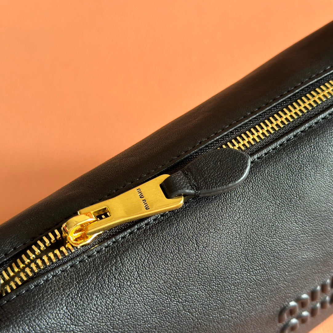 MIU MIU MIUMIU 26S CORDUROY POUCH BAG 25 IN BLACK CALFSKIN GOLD HARDWARE