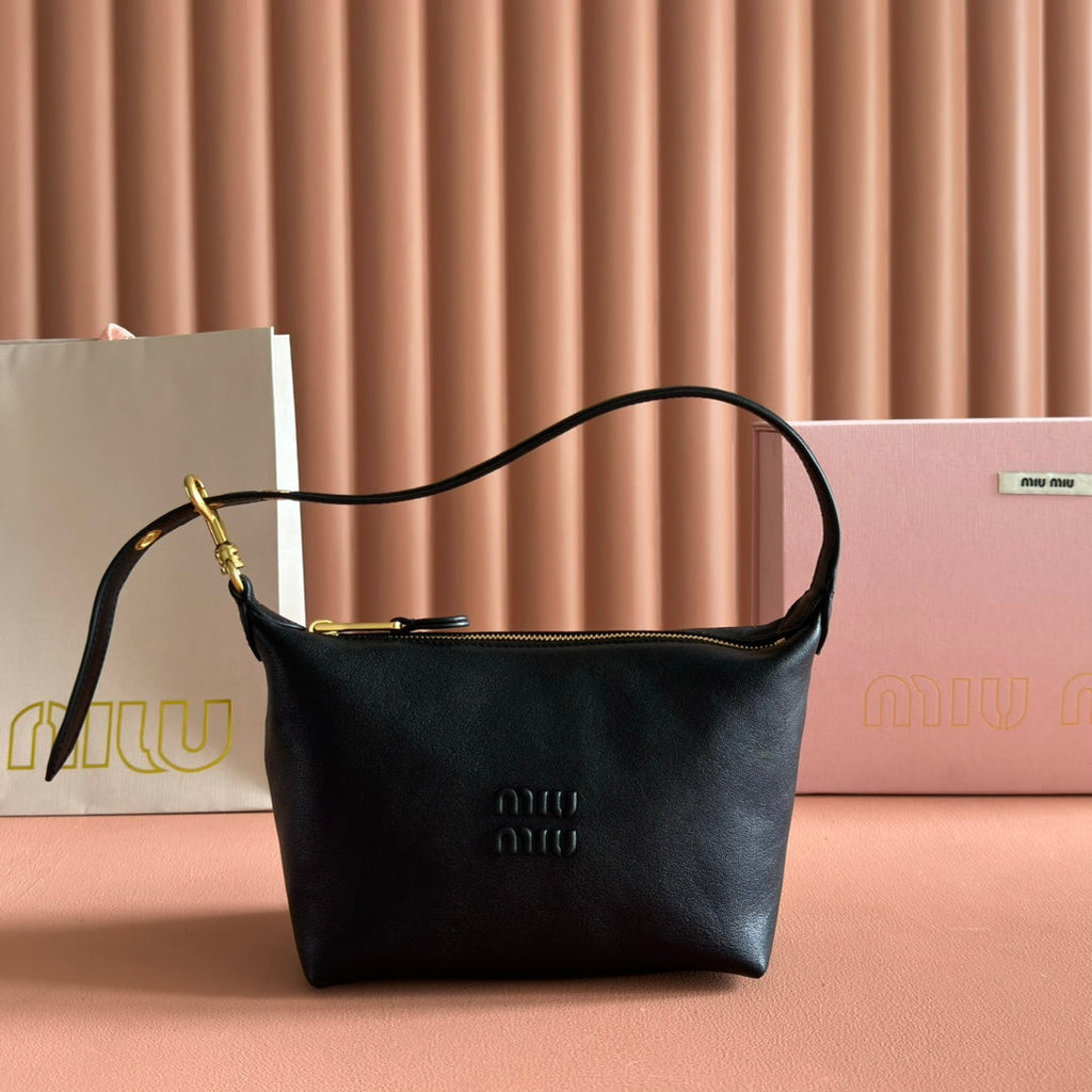 MIU MIU MIUMIU 26S CORDUROY POUCH BAG 25 IN BLACK CALFSKIN GOLD HARDWARE