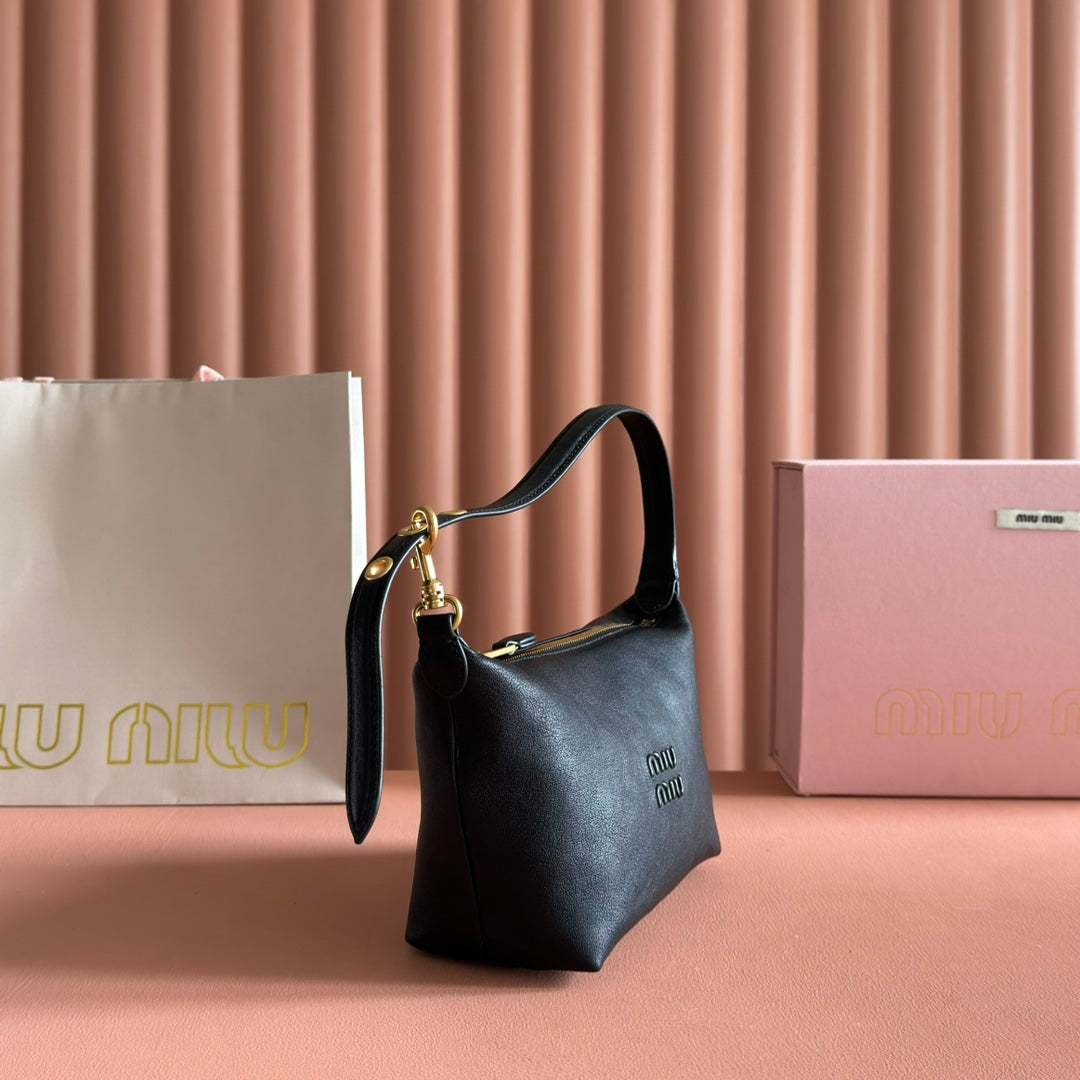 MIU MIU MIUMIU 26S CORDUROY POUCH BAG 25 IN BLACK CALFSKIN GOLD HARDWARE
