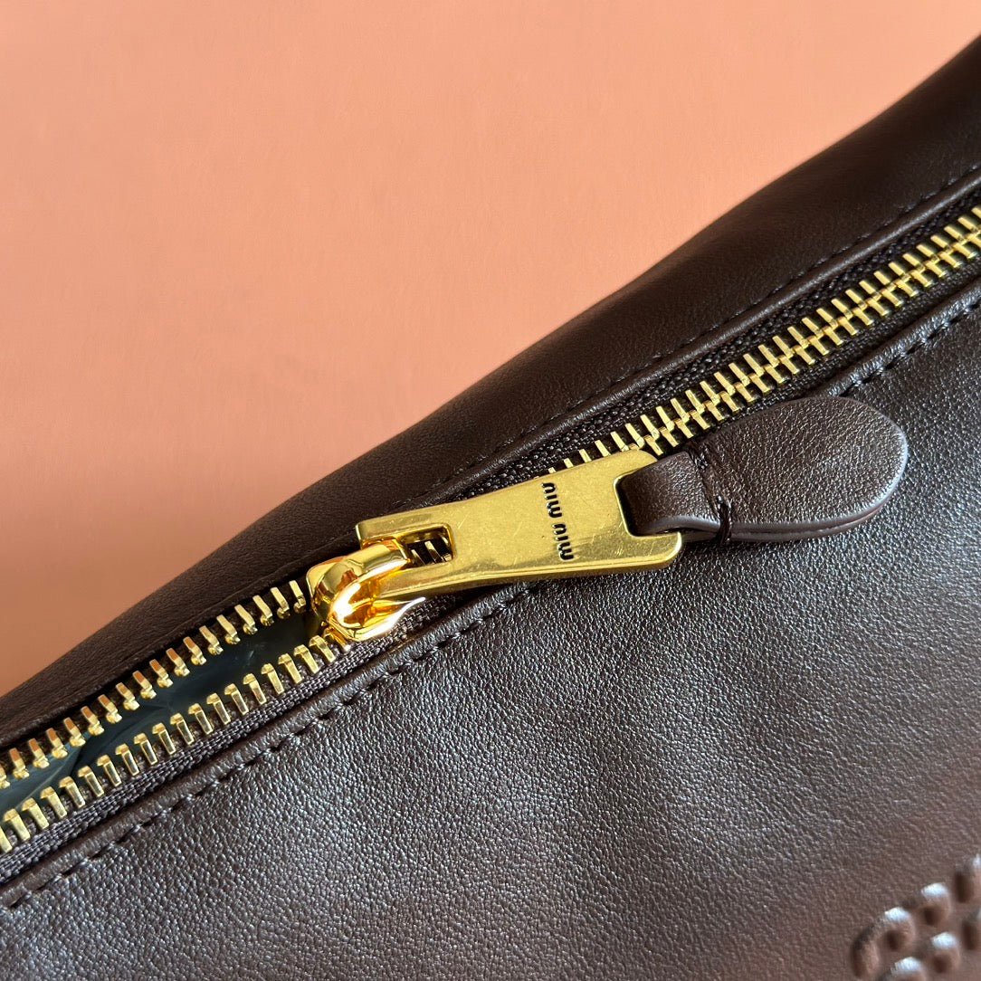 MIU MIU MIUMIU 26S CORDUROY POUCH BAG 25 IN DARK BROWN CALFSKIN GOLD HARDWARE