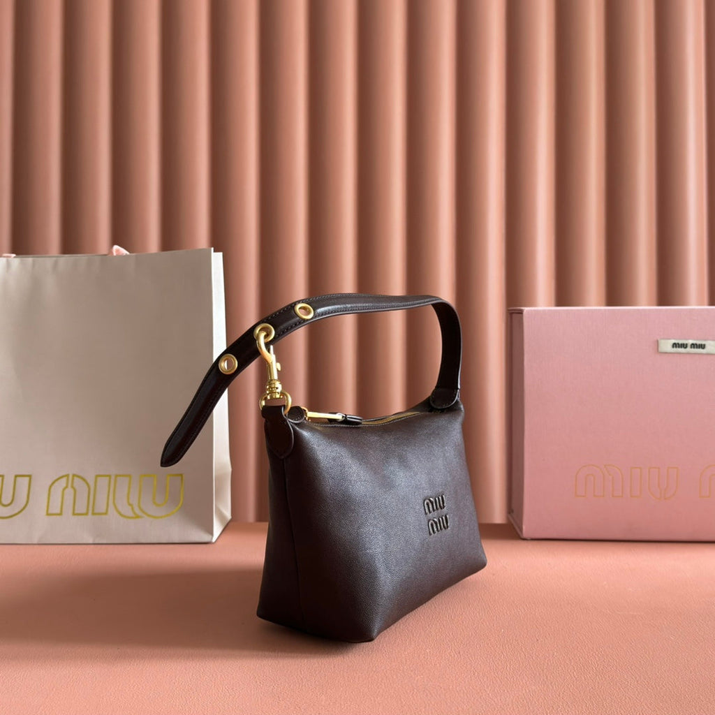 MIU MIU MIUMIU 26S CORDUROY POUCH BAG 25 IN DARK BROWN CALFSKIN GOLD HARDWARE