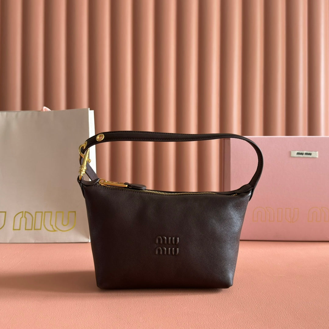 MIU MIU MIUMIU 26S CORDUROY POUCH BAG 25 IN DARK BROWN CALFSKIN GOLD HARDWARE