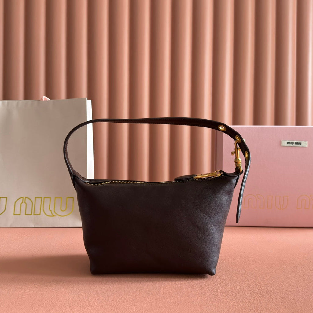 MIU MIU MIUMIU 26S CORDUROY POUCH BAG 25 IN DARK BROWN CALFSKIN GOLD HARDWARE