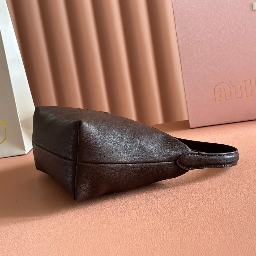 MIU MIU MIUMIU 26S CORDUROY POUCH BAG 25 IN DARK BROWN CALFSKIN GOLD HARDWARE
