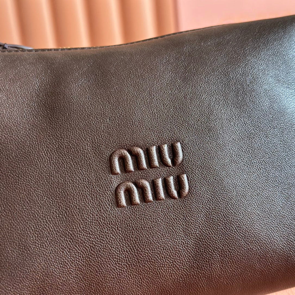 MIU MIU MIUMIU 26S CORDUROY POUCH BAG 25 IN DARK BROWN CALFSKIN GOLD HARDWARE