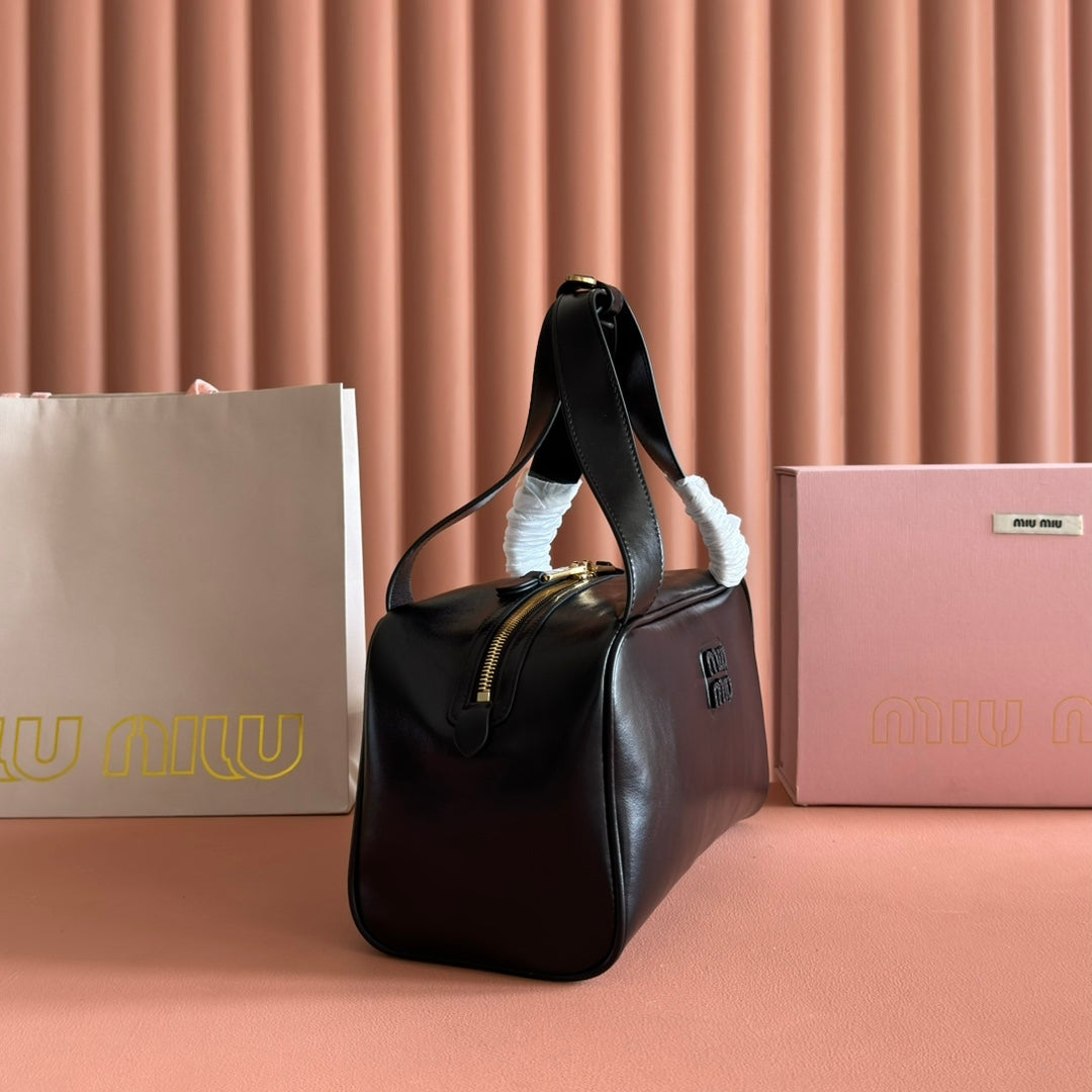 MIU MIU MIUMIU 26S TOP-HANDLE BAG 28 IN BLACK CALFSKIN GOLD HARDWARE