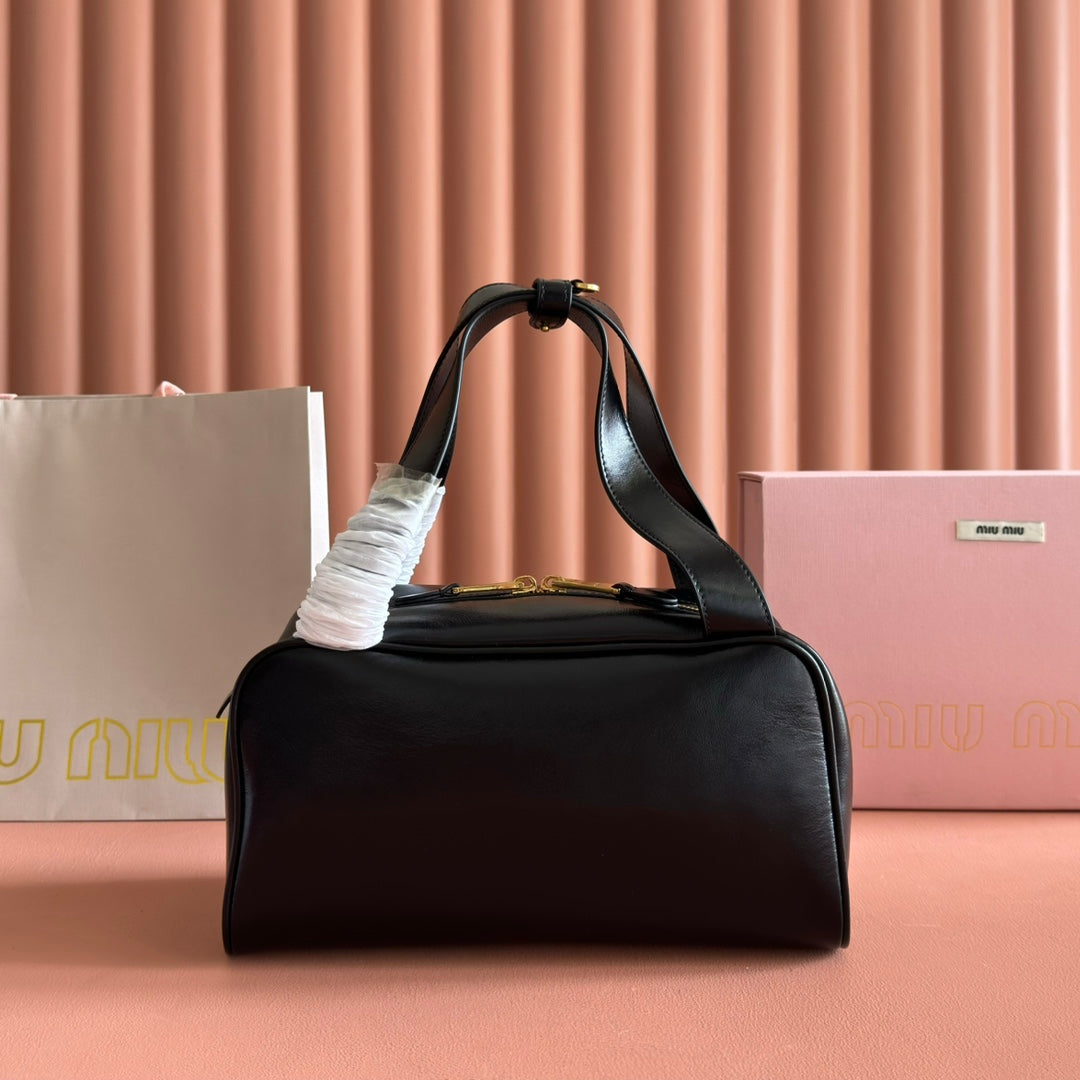 MIU MIU MIUMIU 26S TOP-HANDLE BAG 28 IN BLACK CALFSKIN GOLD HARDWARE