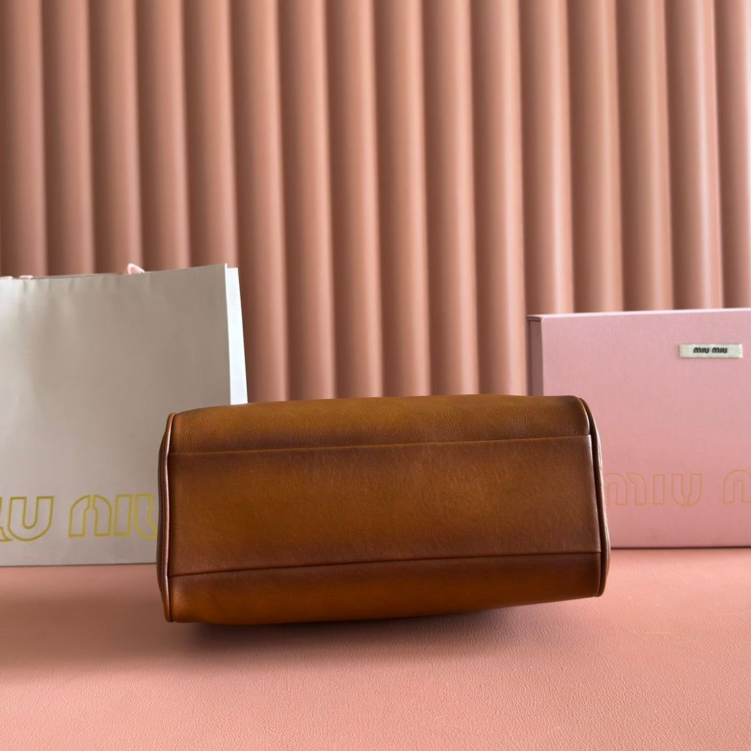 MIU MIU MIUMIU 26S TOP-HANDLE BAG 28 IN TAN BROWN CALFSKIN GOLD HARDWARE