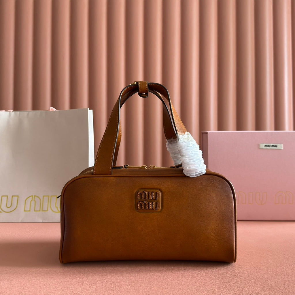 MIU MIU MIUMIU 26S TOP-HANDLE BAG 28 IN TAN BROWN CALFSKIN GOLD HARDWARE