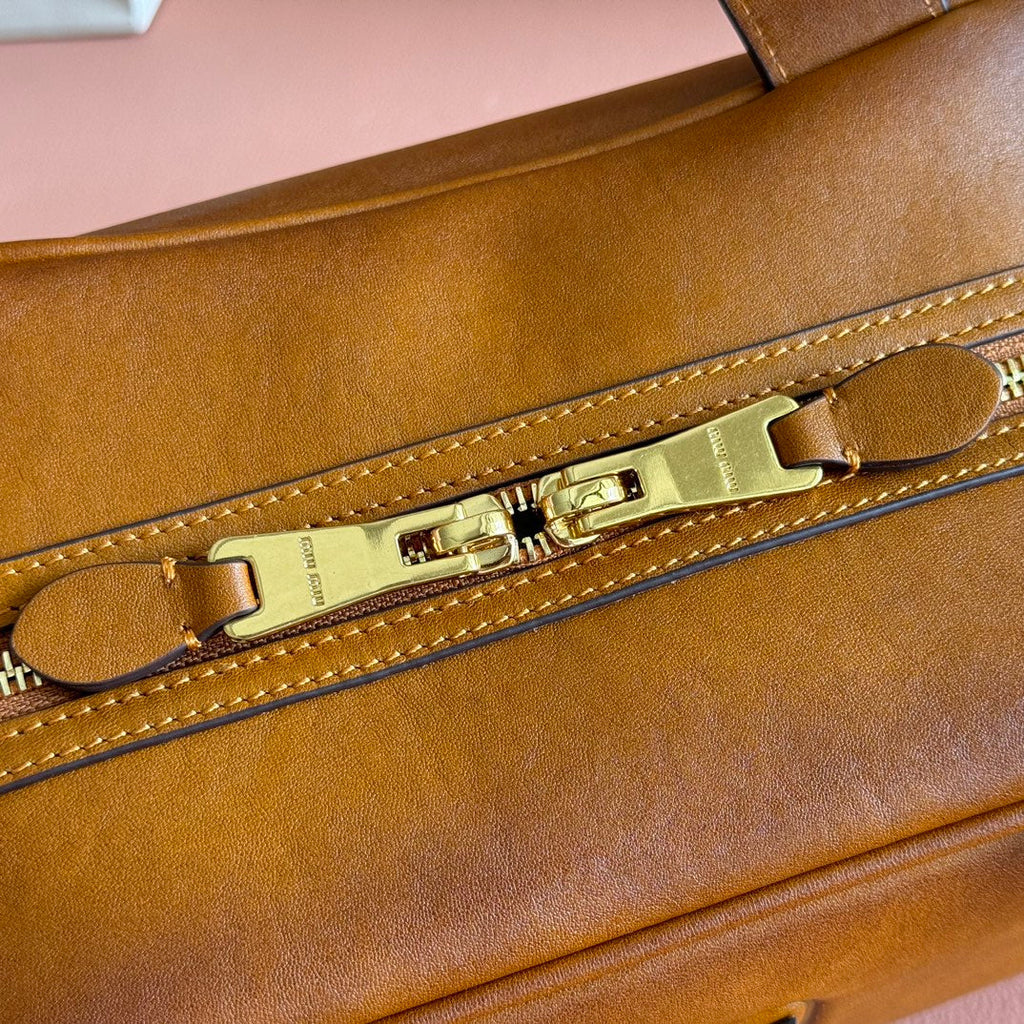 MIU MIU MIUMIU 26S TOP-HANDLE BAG 28 IN TAN BROWN CALFSKIN GOLD HARDWARE