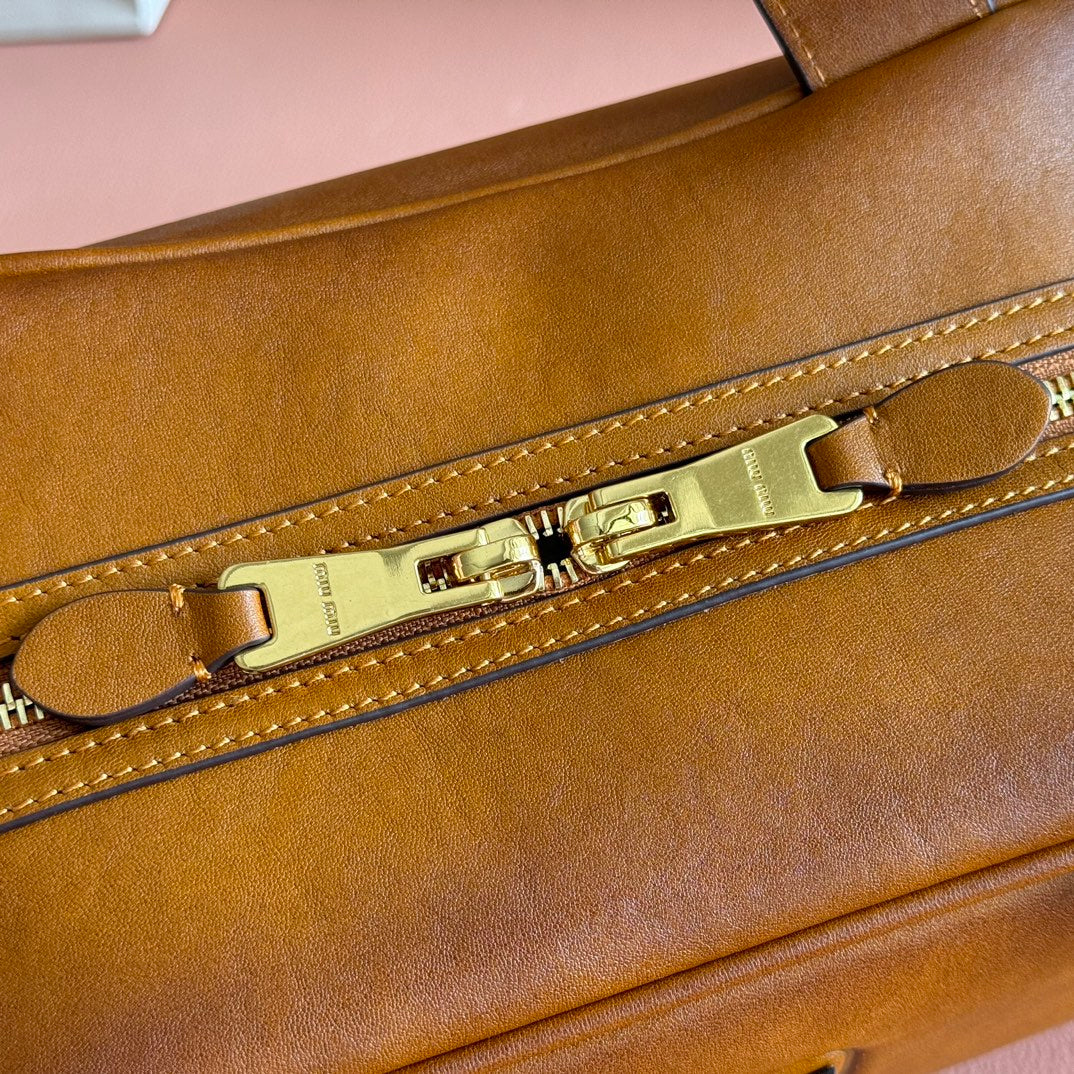 MIU MIU MIUMIU 26S TOP-HANDLE BAG 28 IN TAN BROWN CALFSKIN GOLD HARDWARE