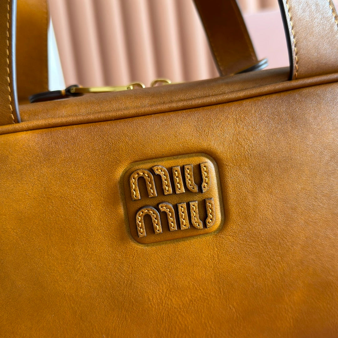 MIU MIU MIUMIU 26S TOP-HANDLE BAG 28 IN TAN BROWN CALFSKIN GOLD HARDWARE