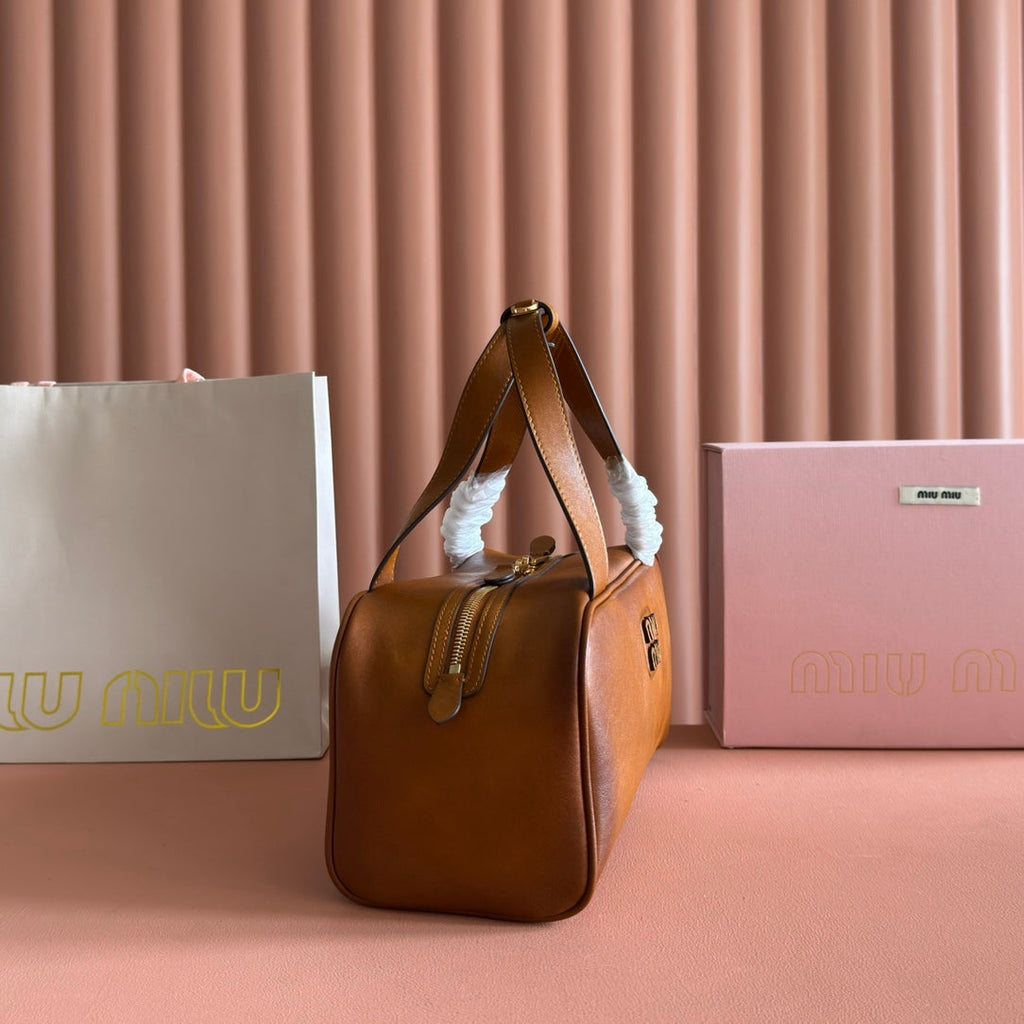 MIU MIU MIUMIU 26S TOP-HANDLE BAG 28 IN TAN BROWN CALFSKIN GOLD HARDWARE