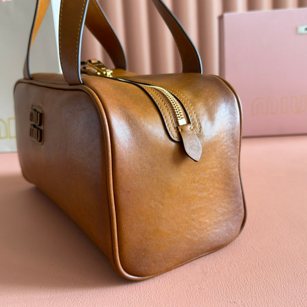 MIU MIU MIUMIU 26S TOP-HANDLE BAG 28 IN TAN BROWN CALFSKIN GOLD HARDWARE