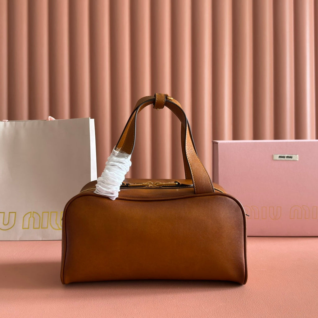 MIU MIU MIUMIU 26S TOP-HANDLE BAG 28 IN TAN BROWN CALFSKIN GOLD HARDWARE