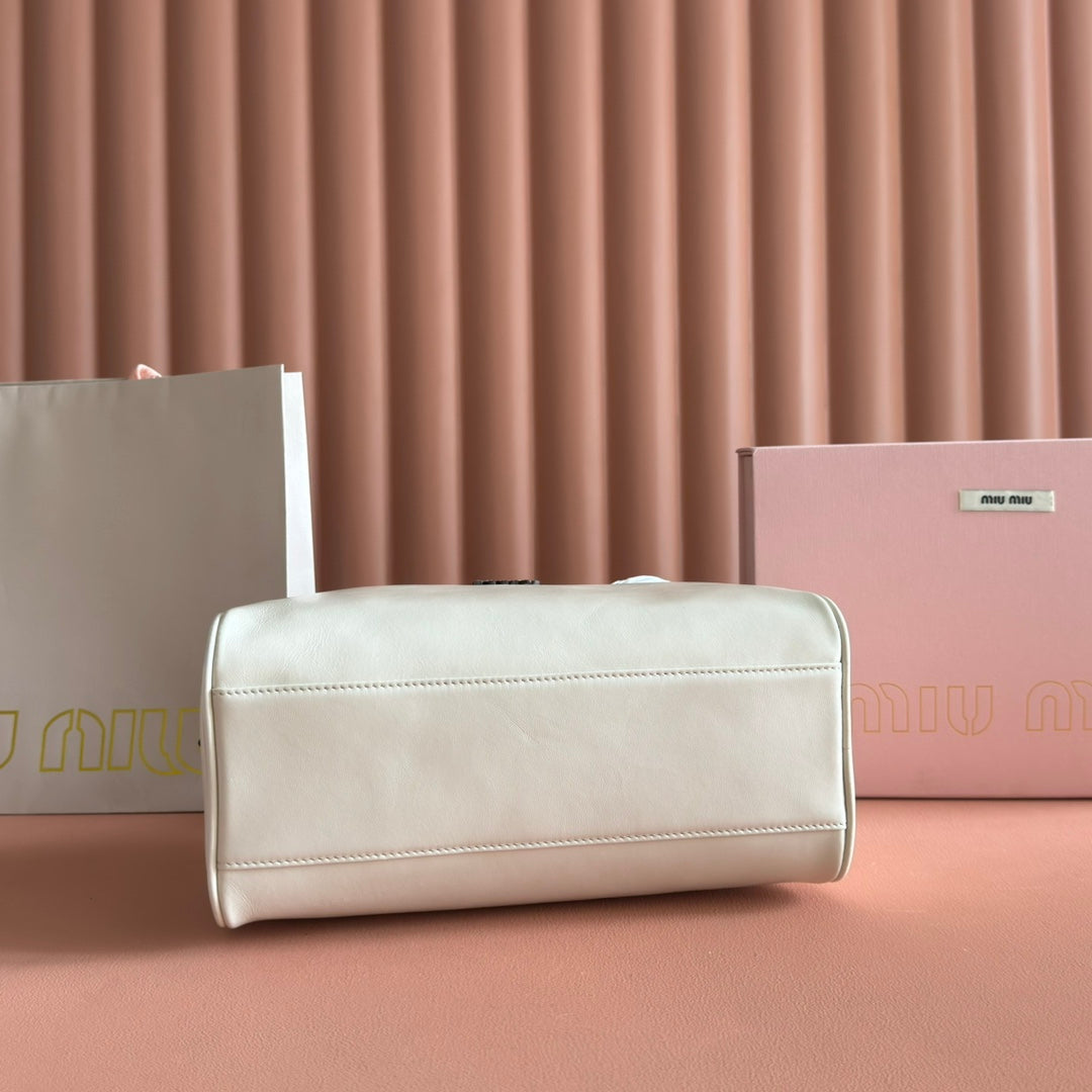 MIU MIU MIUMIU 26S TOP-HANDLE BAG 28 IN WHITE CALFSKIN GOLD HARDWARE