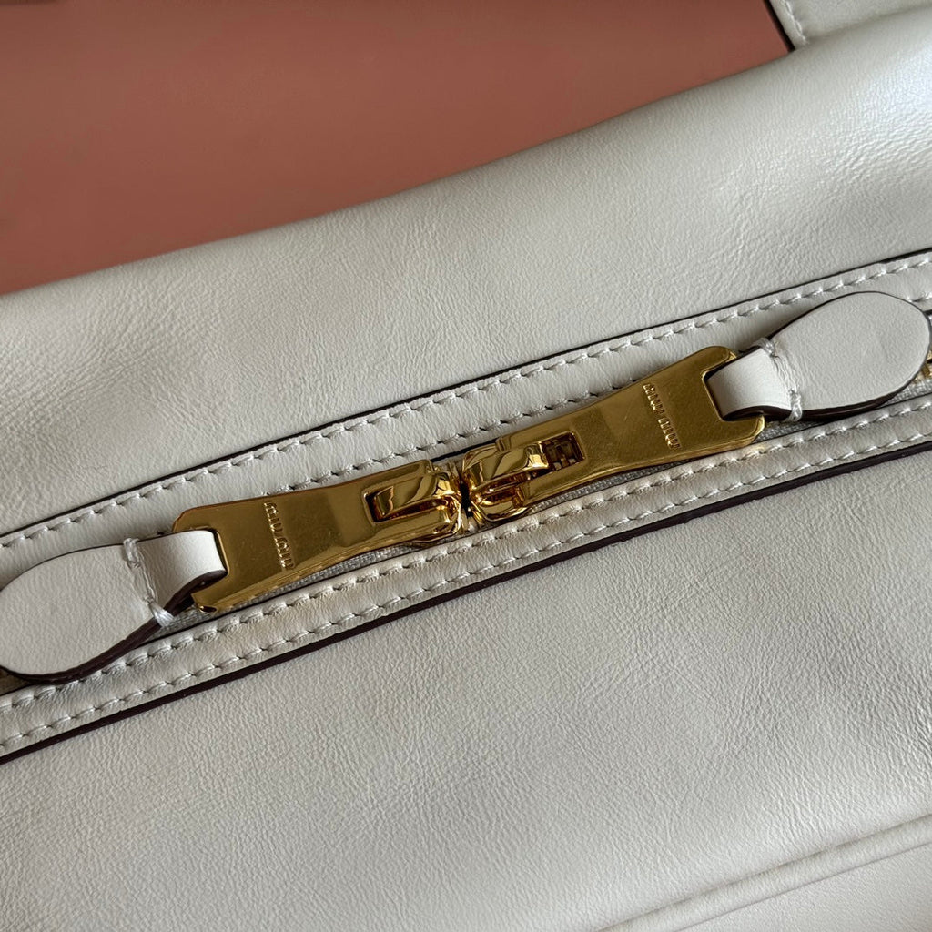 MIU MIU MIUMIU 26S TOP-HANDLE BAG 28 IN WHITE CALFSKIN GOLD HARDWARE