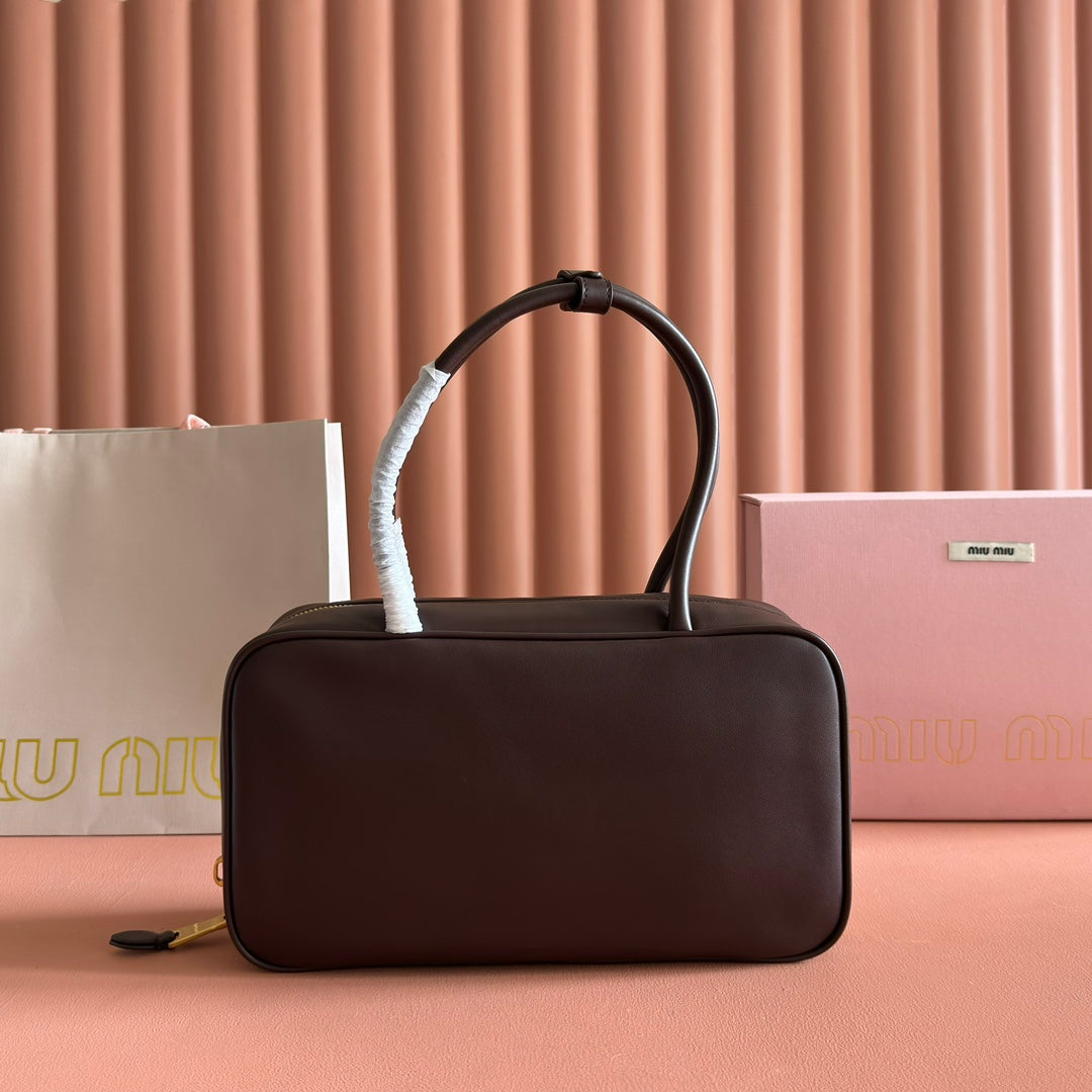 MIU MIU MIUMIU 26S BEAU TOP HANDLE BAG 29 IN DARK BROWN CALFSKIN GOLD HARDWARE