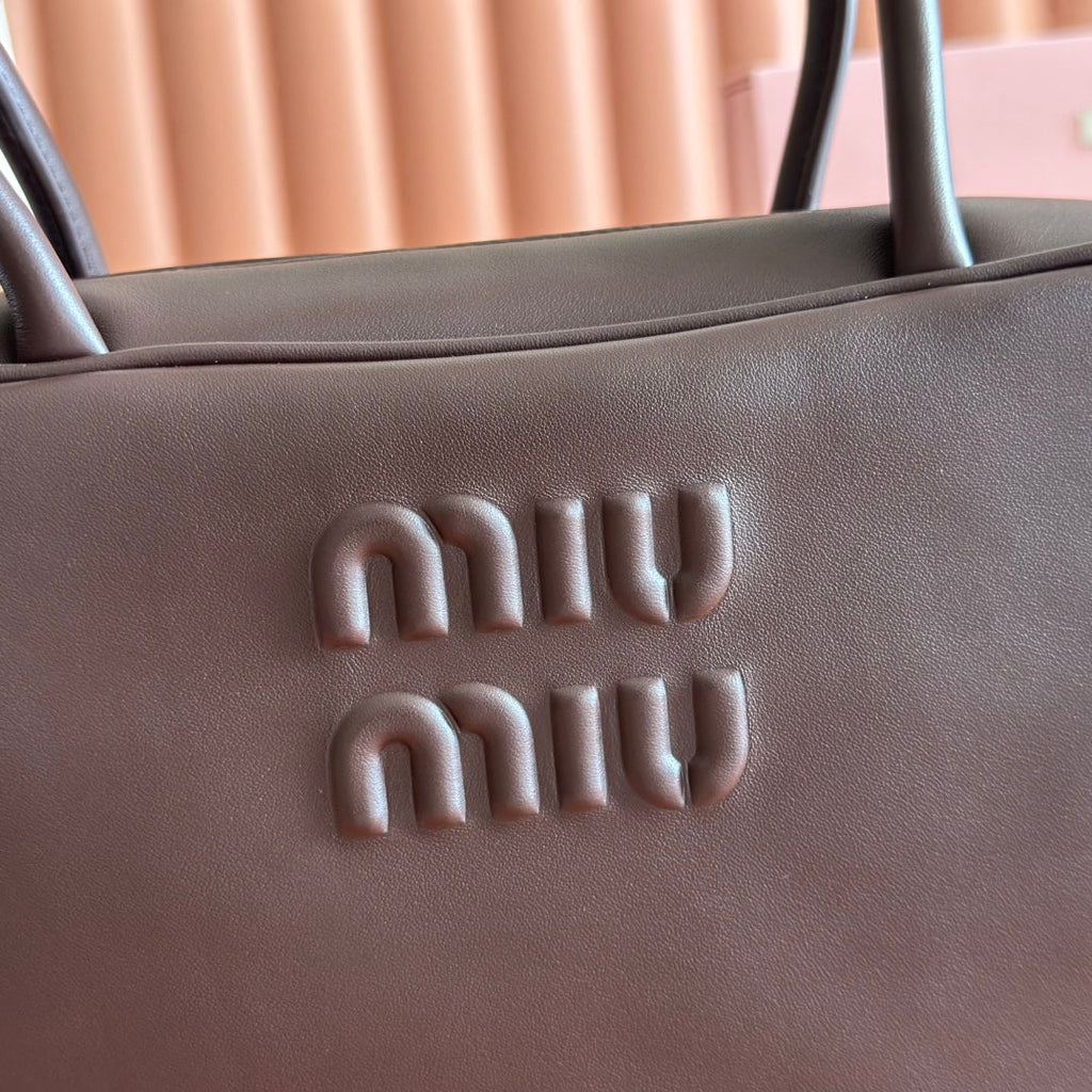 MIU MIU MIUMIU 26S BEAU TOP HANDLE BAG 29 IN DARK BROWN CALFSKIN GOLD HARDWARE