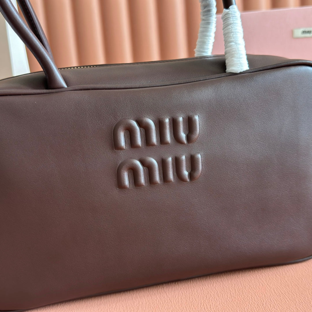 MIU MIU MIUMIU 26S BEAU TOP HANDLE BAG 29 IN DARK BROWN CALFSKIN GOLD HARDWARE