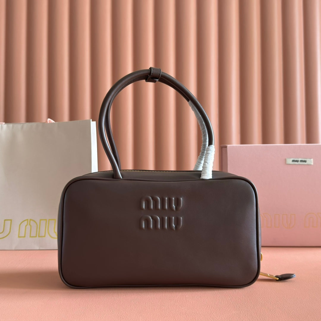 MIU MIU MIUMIU 26S BEAU TOP HANDLE BAG 29 IN DARK BROWN CALFSKIN GOLD HARDWARE