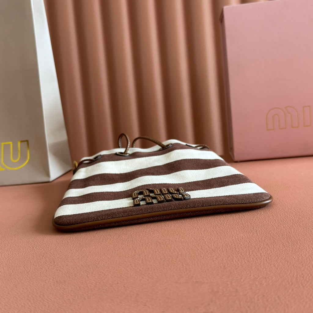 MIU MIU MIUMIU 26S BUCKET BAG 23 IN CREAM AND BROWN CANVAS GOLD HARDWARE