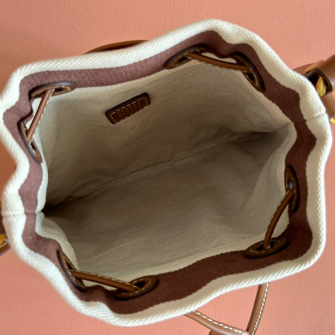 MIU MIU MIUMIU 26S BUCKET BAG 23 IN CREAM AND BROWN CANVAS GOLD HARDWARE