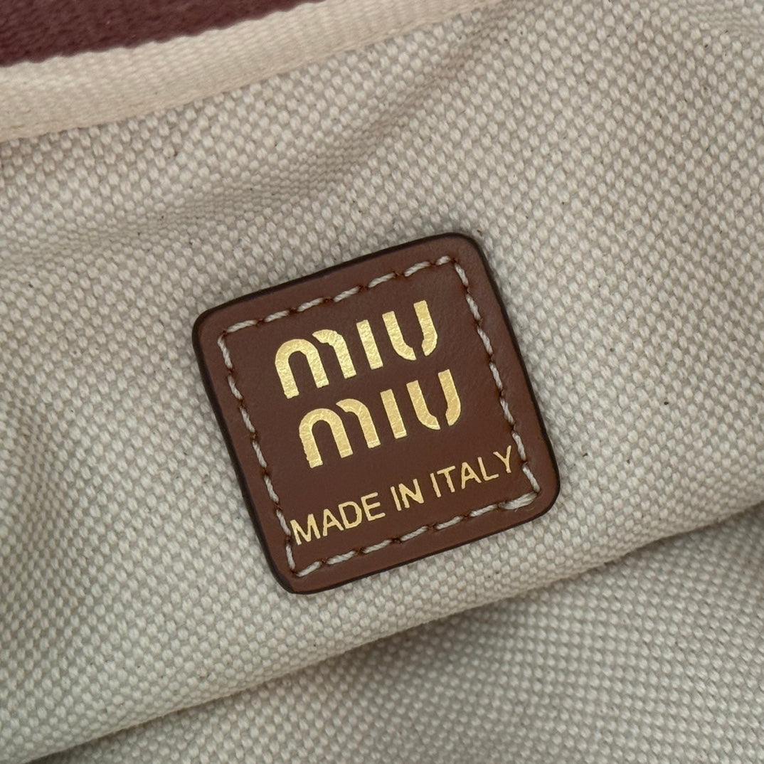 MIU MIU MIUMIU 26S BUCKET BAG 23 IN CREAM AND BROWN CANVAS GOLD HARDWARE