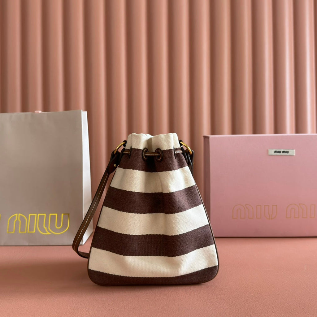 MIU MIU MIUMIU 26S BUCKET BAG 23 IN CREAM AND BROWN CANVAS GOLD HARDWARE